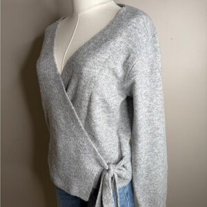 Cozy Light Gray V-Neck Wrap Sweater with Side Tie